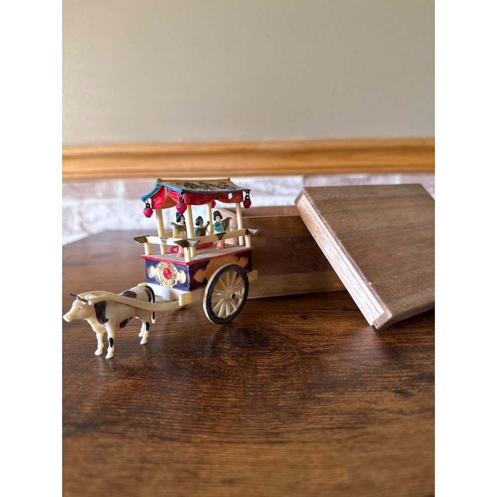Handcrafted Wooden Ox Cart Figurine With Colorful Detailing & Miniature Figures